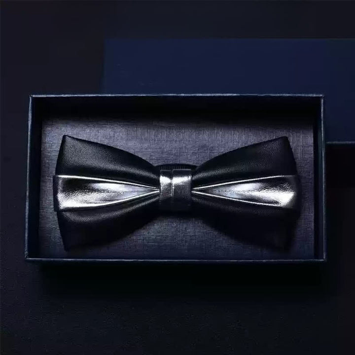 Men's Wedding Party Double Layered Faux Leather Bow Tie - Black & Silver #1 - image 8