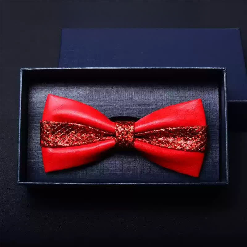 Men's Wedding Party Double Layered Faux Leather Bow Tie - Red - image 6