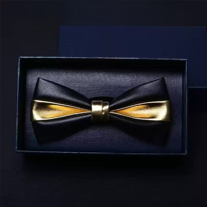 Men's Wedding Party Double Layered Faux Leather Bow Tie - Black & Gold - image 7