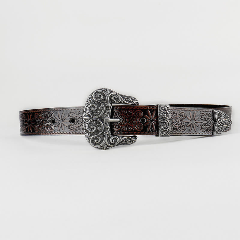 Women's Western Cowgirl Embossed Floral Brown Leather Belt