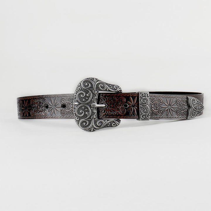 Women's Western Cowgirl Embossed Floral Brown Leather Belt