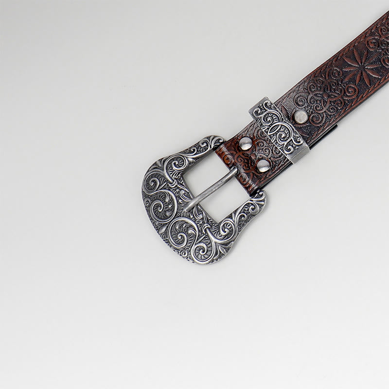Women's Western Cowgirl Embossed Floral Brown Leather Belt