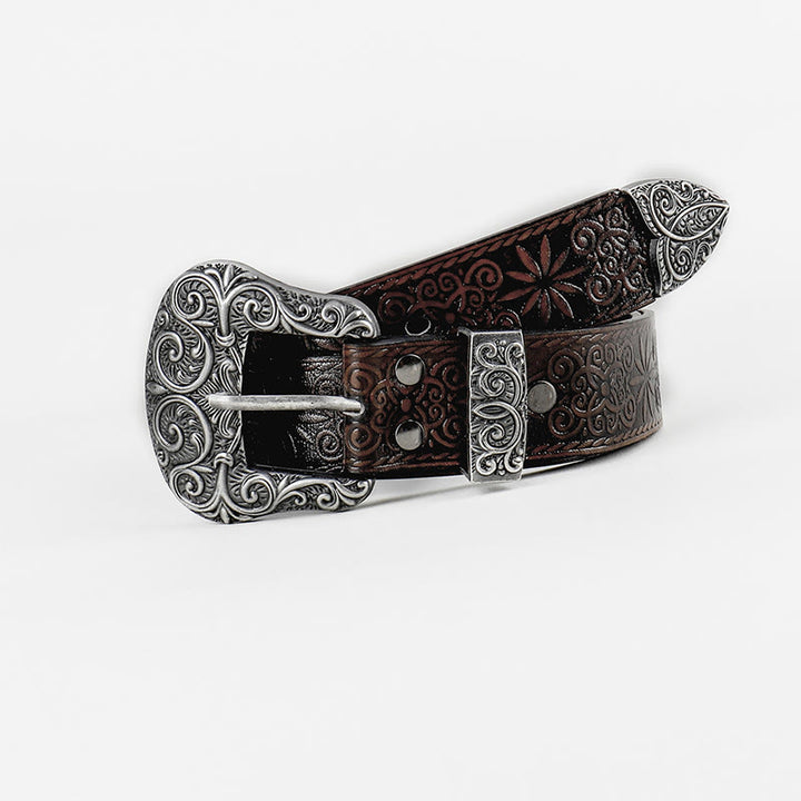 Women's Western Cowgirl Embossed Floral Brown Leather Belt - Coffee Brown - 36 - image 0
