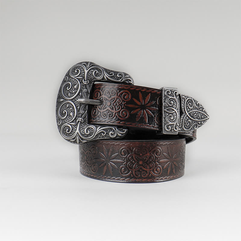 Women's Western Cowgirl Embossed Floral Brown Leather Belt - image 1