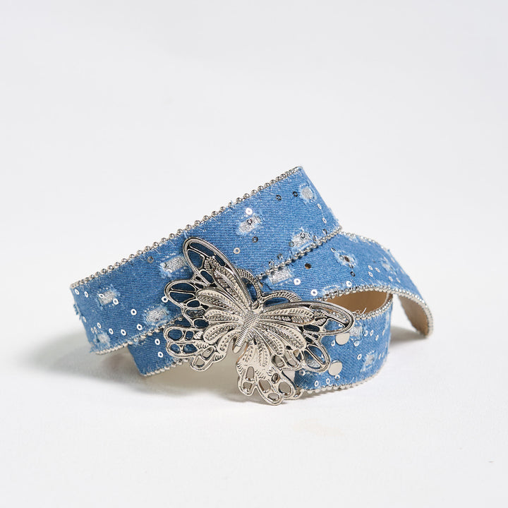 Women's Denim Butterfly Buckle Leather Belt - image 2