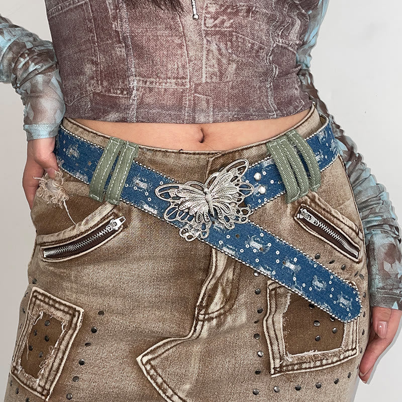 Women's Denim Butterfly Buckle Leather Belt - Blue - 34 - image 0
