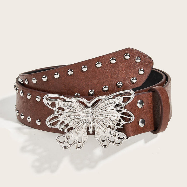Women's Western Cowgirl Studded Butterfly Buckle Leather Belt