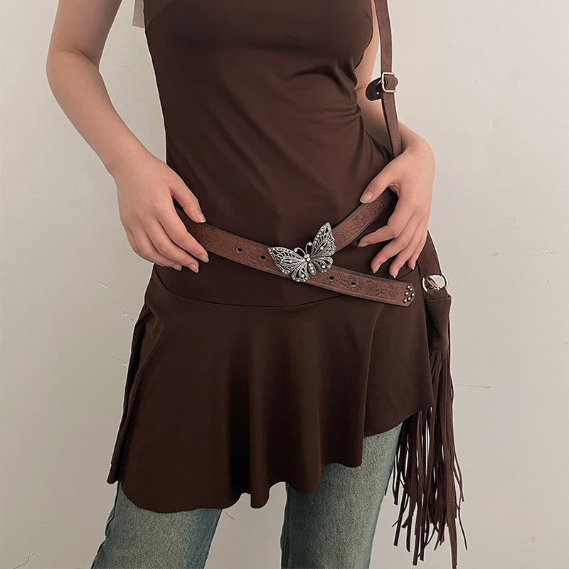 Women's Cowgirl Embossed Floral Butterfly Buckle Leather Belt - image 4