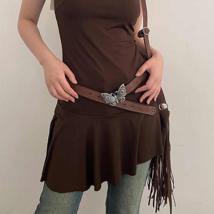 Women's Cowgirl Embossed Floral Butterfly Buckle Leather Belt - image 4