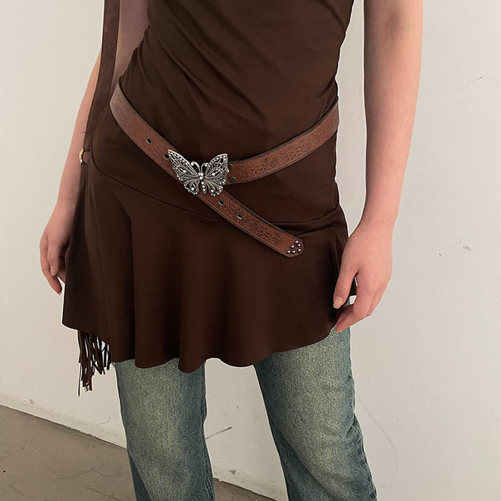Women's Cowgirl Embossed Floral Butterfly Buckle Leather Belt - image 3