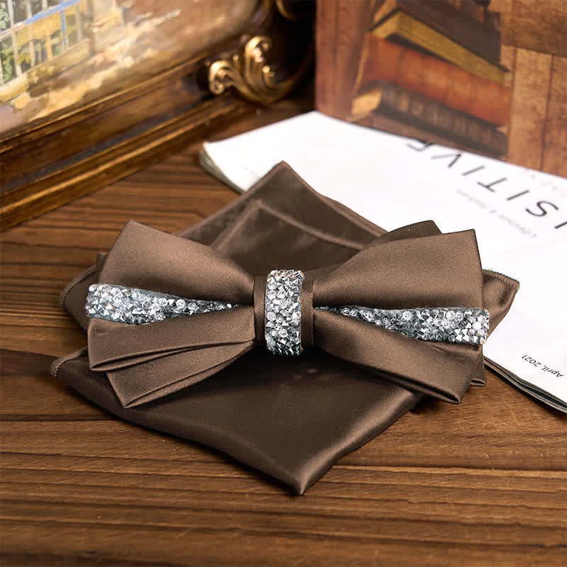 Men's Shining Rhinestone Satin Bow Tie Pocket Square Set - Coffee - Bow Tie + Pocket Square - image 24