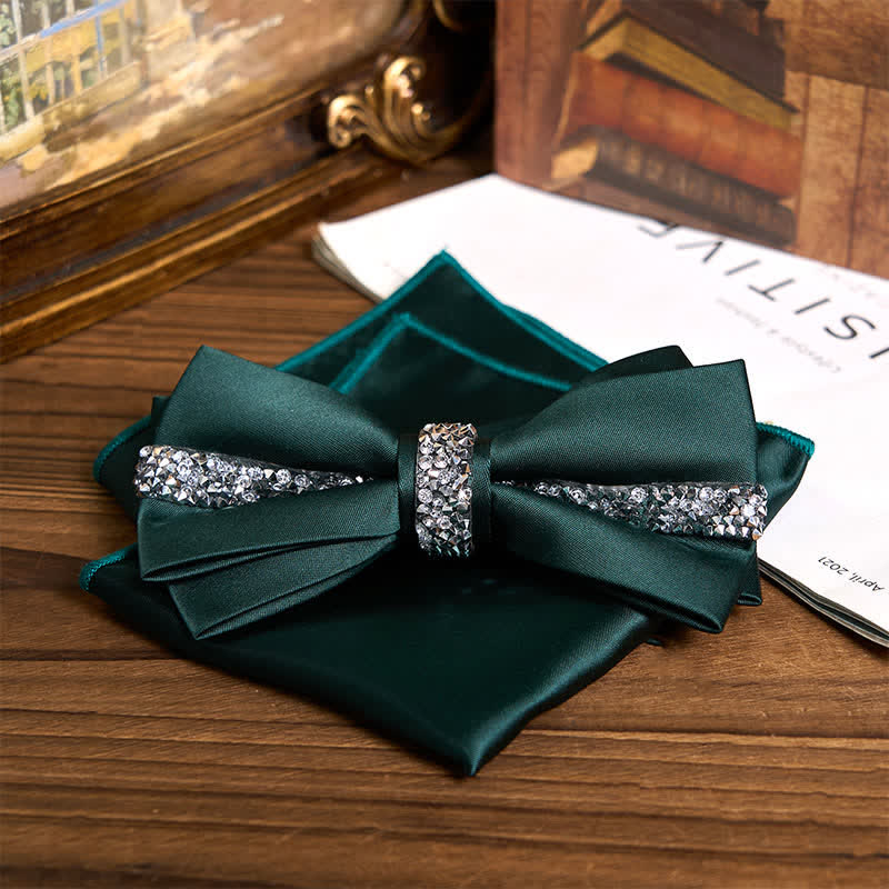 Men's Shining Rhinestone Satin Bow Tie Pocket Square Set