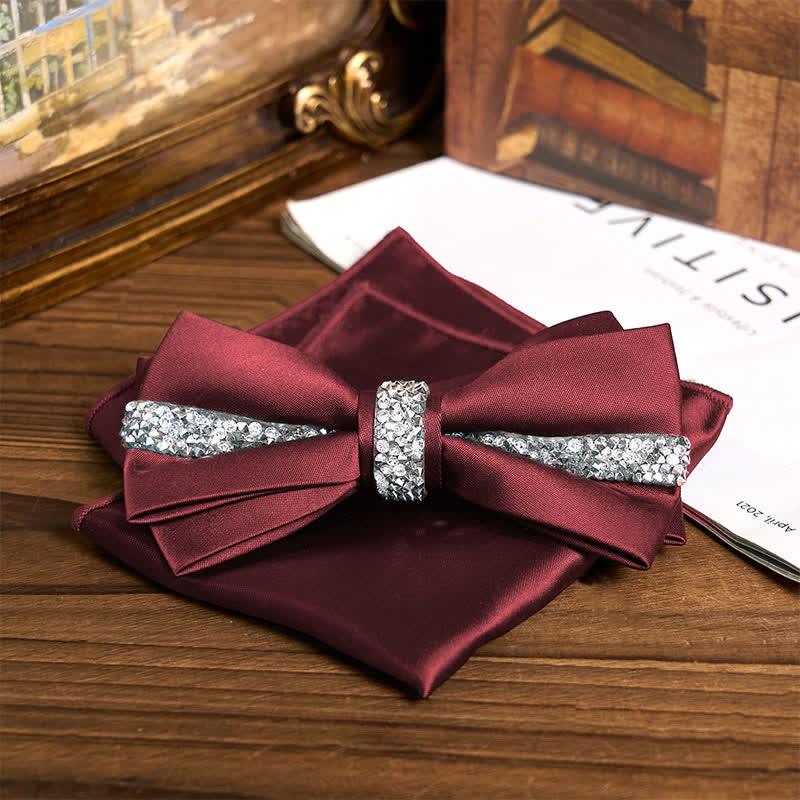 Men's Shining Rhinestone Satin Bow Tie Pocket Square Set - Burgundy - Bow Tie + Pocket Square - image 12