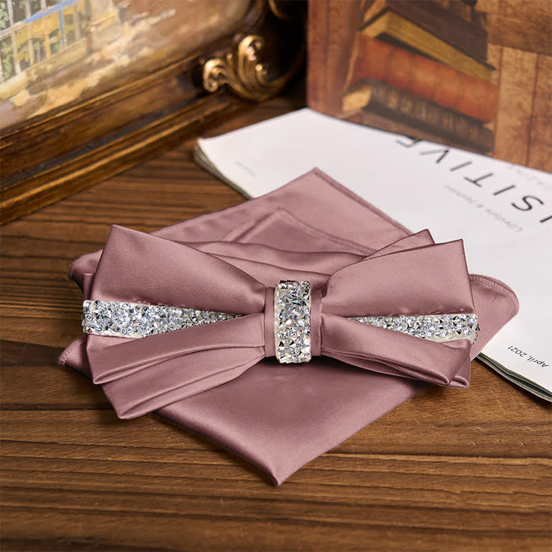 Men's Shining Rhinestone Satin Bow Tie Pocket Square Set - Pink - Bow Tie + Pocket Square - image 18