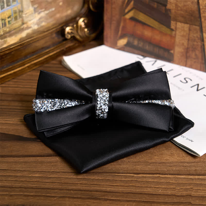 Men's Shining Rhinestone Satin Bow Tie Pocket Square Set - Black - Bow Tie + Pocket Square - image 3