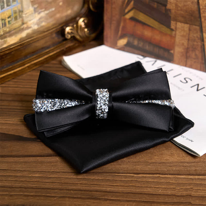 Men's Shining Rhinestone Satin Bow Tie Pocket Square Set - Black - Bow Tie + Pocket Square - image 3