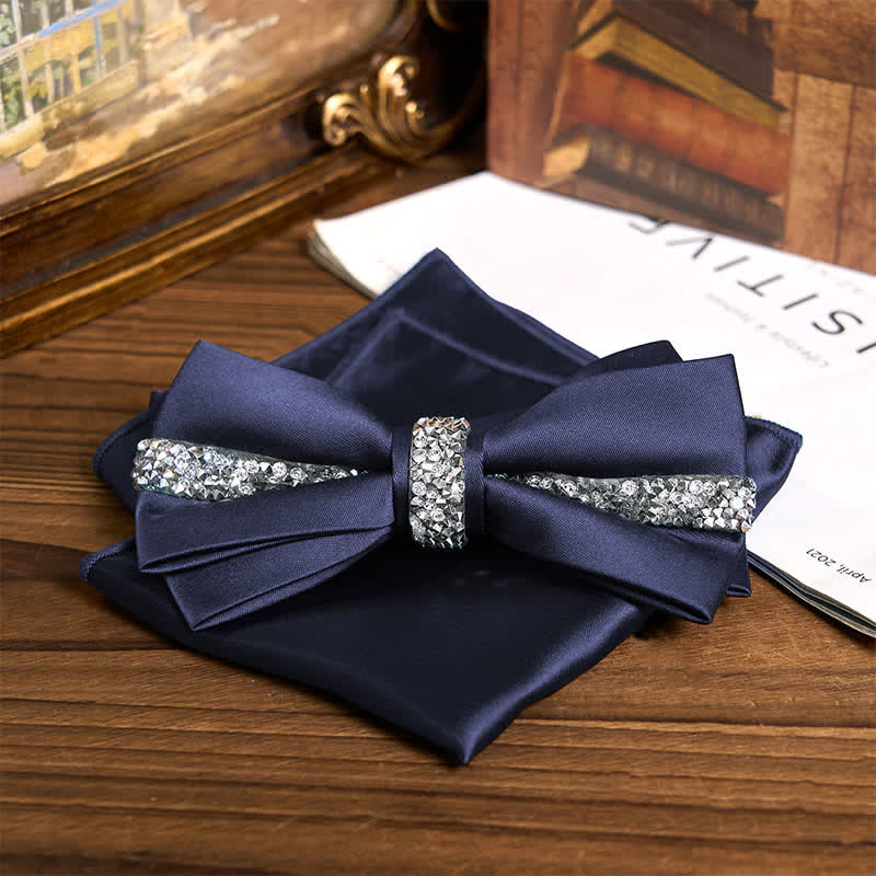 Men's Shining Rhinestone Satin Bow Tie Pocket Square Set - Navy - Bow Tie + Pocket Square - image 22