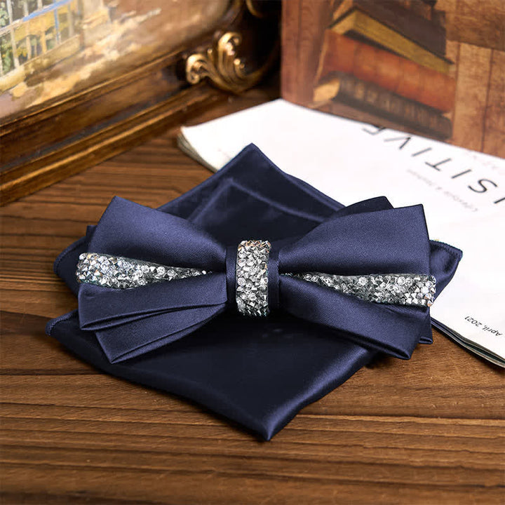 Men's Shining Rhinestone Satin Bow Tie Pocket Square Set - Navy - Bow Tie + Pocket Square - image 22