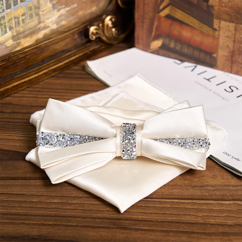 Men's Shining Rhinestone Satin Bow Tie Pocket Square Set - Ivory - Bow Tie + Pocket Square - image 16