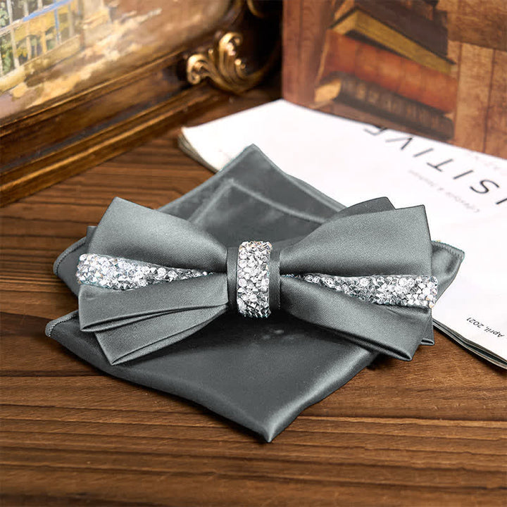 Men's Shining Rhinestone Satin Bow Tie Pocket Square Set