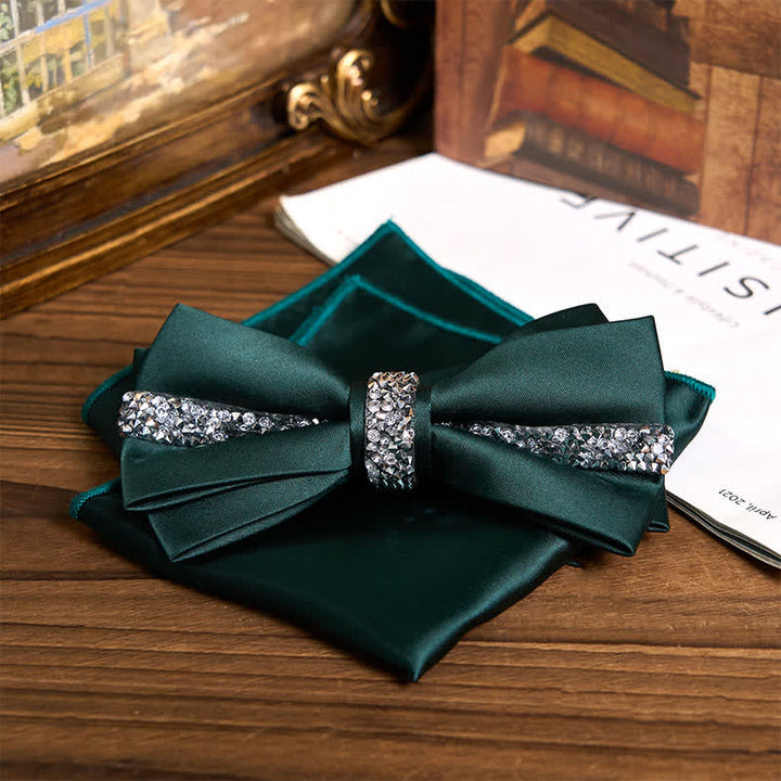 Men's Shining Rhinestone Satin Bow Tie Pocket Square Set - Green - Bow Tie + Pocket Square - image 10