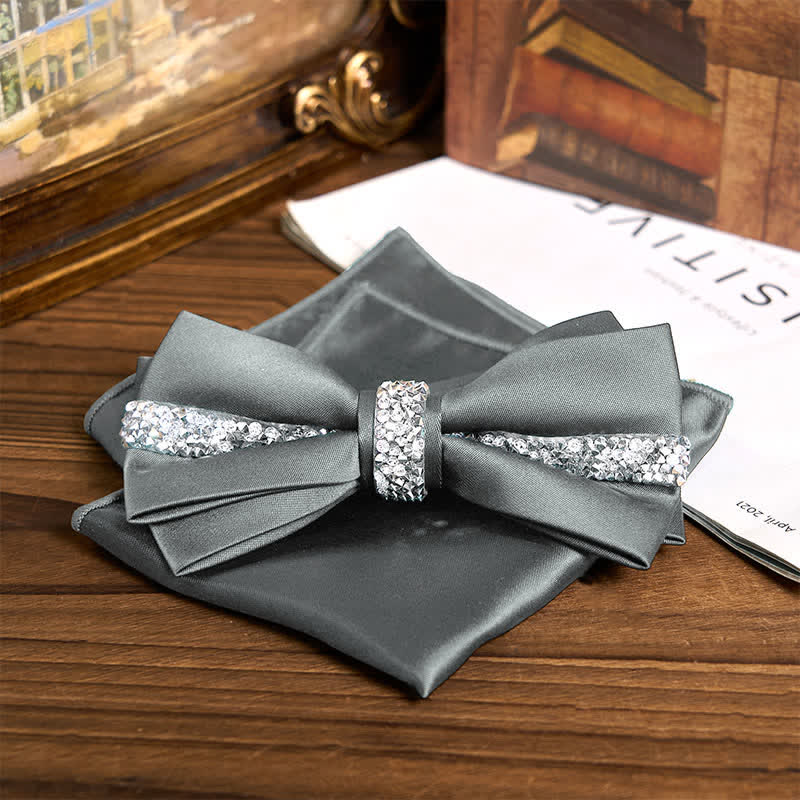 Men's Shining Rhinestone Satin Bow Tie Pocket Square Set - Gray - Bow Tie + Pocket Square - image 14