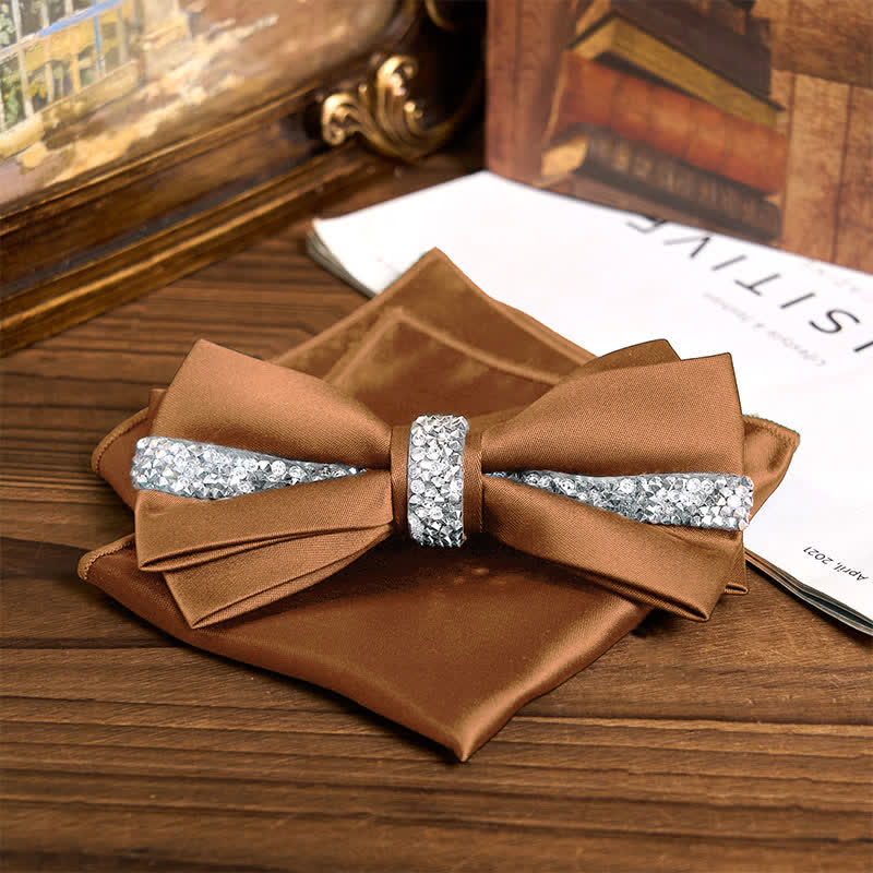 Men's Shining Rhinestone Satin Bow Tie Pocket Square Set - Yellow - Bow Tie + Pocket Square - image 20