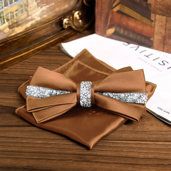 Men's Shining Rhinestone Satin Bow Tie Pocket Square Set - Yellow - Bow Tie + Pocket Square - image 20
