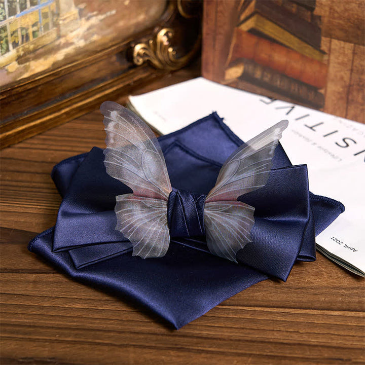 Men's Vintage Organza Butterfly Bow Tie Pocket Square Set