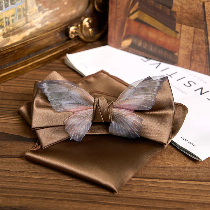 Men's Vintage Organza Butterfly Bow Tie Pocket Square Set - Coffee - Bow Tie + Pocket Square - image 16