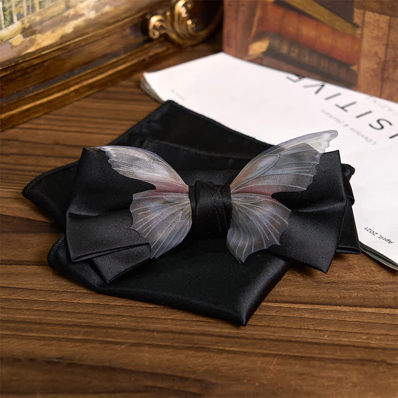 Men's Vintage Organza Butterfly Bow Tie Pocket Square Set - Black - Bow Tie + Pocket Square - image 5