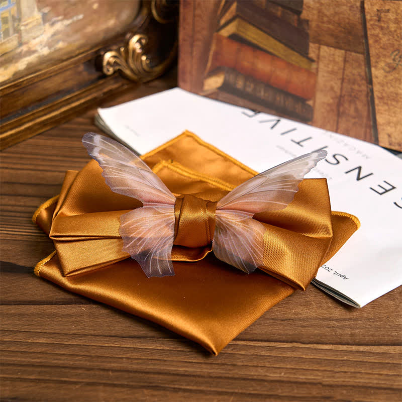 Men's Vintage Organza Butterfly Bow Tie Pocket Square Set - Yellow - Bow Tie + Pocket Square - image 10