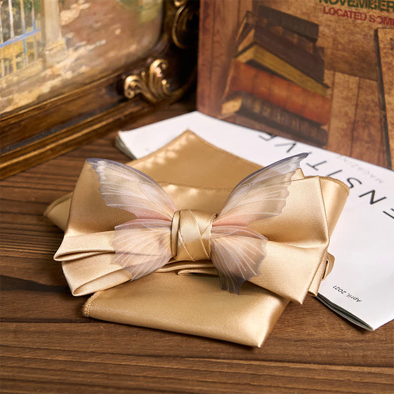 Men's Vintage Organza Butterfly Bow Tie Pocket Square Set - Champagne - Bow Tie + Pocket Square - image 14