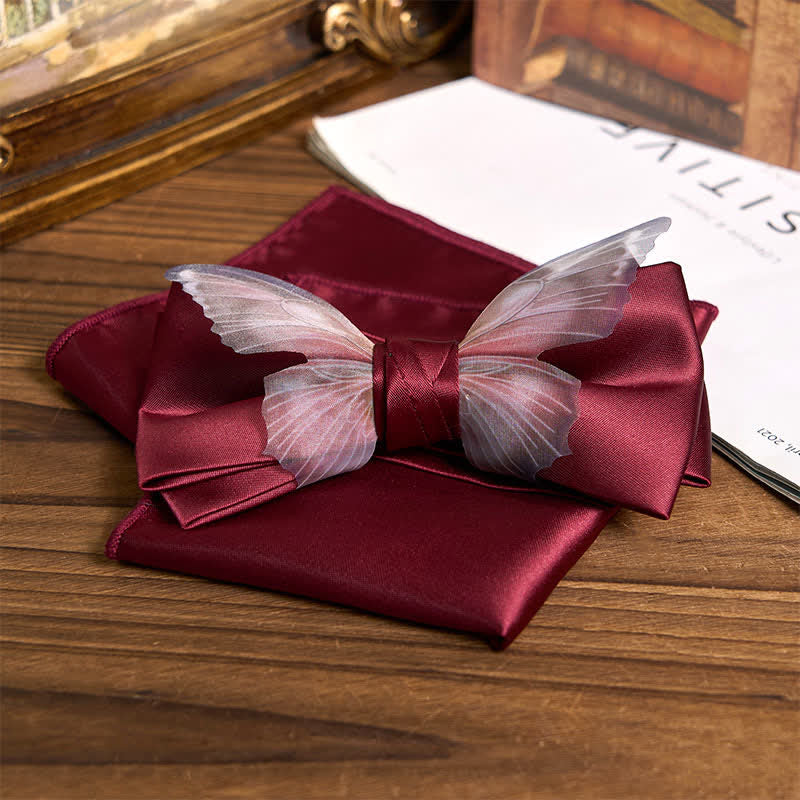 Men's Vintage Organza Butterfly Bow Tie Pocket Square Set - Burgundy - Bow Tie + Pocket Square - image 18