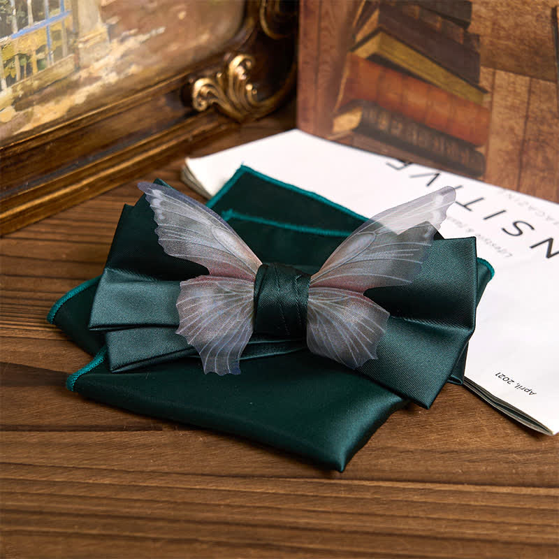 Men's Vintage Organza Butterfly Bow Tie Pocket Square Set - Green - Bow Tie + Pocket Square - image 20