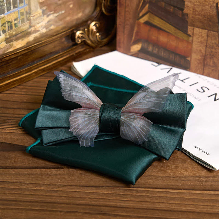Men's Vintage Organza Butterfly Bow Tie Pocket Square Set - Green - Bow Tie + Pocket Square - image 20