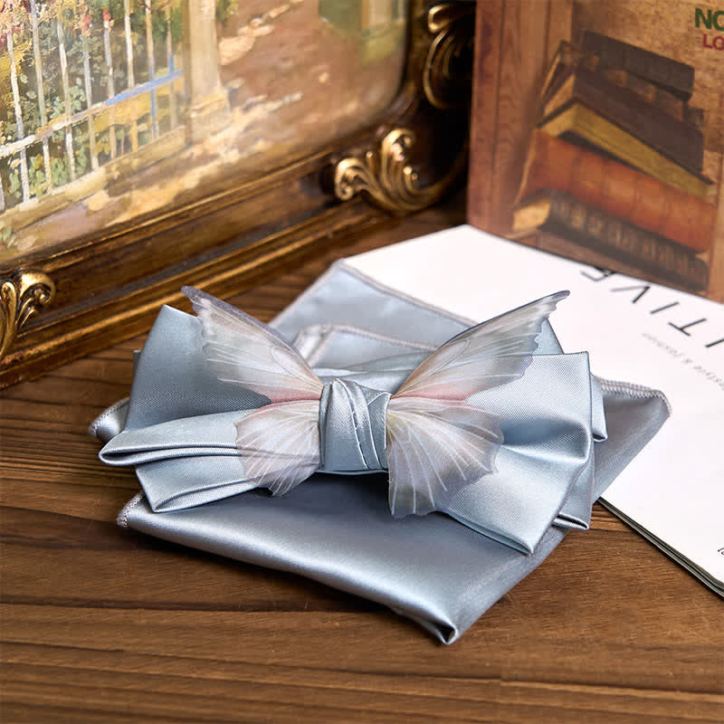 Men's Vintage Organza Butterfly Bow Tie Pocket Square Set - Silver - Bow Tie + Pocket Square - image 8