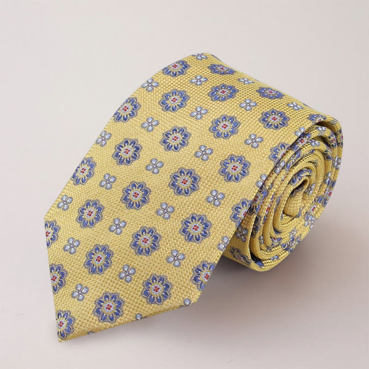 Men's Blue Mini Flowers Mulberry Silk Necktie - Yellow - image 0