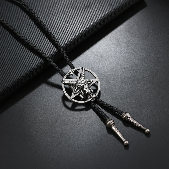 Vintage Hexagram Bull Moose Astrolabe Bolo Tie - Antique Silver - image 2