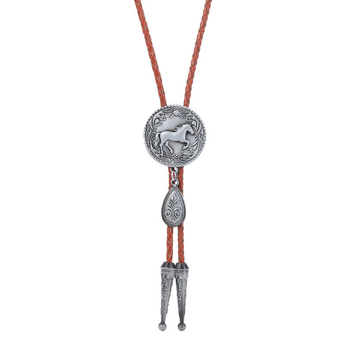 West Horse Carving Detailed Bolo Tie with Little Pendant - Brown - image 3