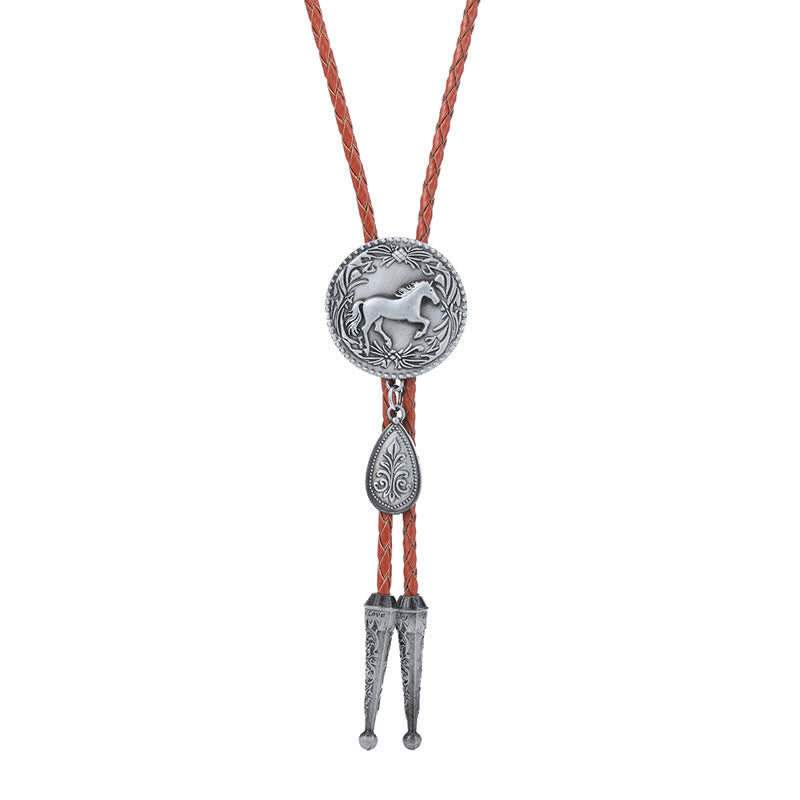 West Horse Carving Detailed Bolo Tie with Little Pendant - Brown - image 3