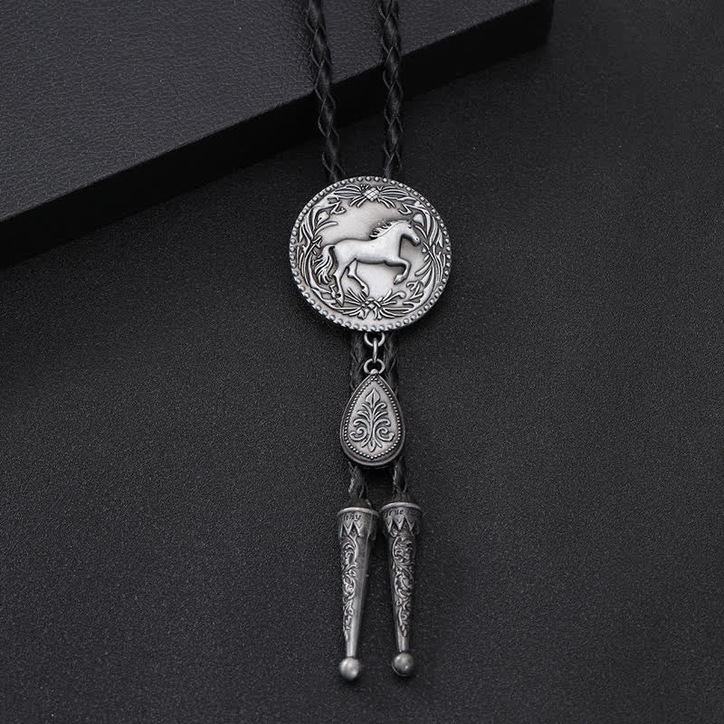 West Horse Carving Detailed Bolo Tie with Little Pendant - Black - image 0