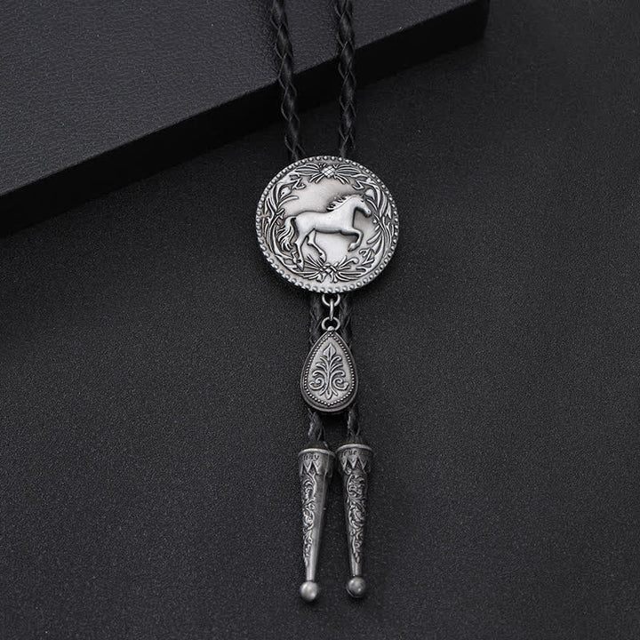 West Horse Carving Detailed Bolo Tie with Little Pendant - Black - image 0