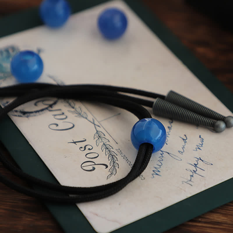 Handmade Simple Blue Round Agate Pendant Bolo Tie