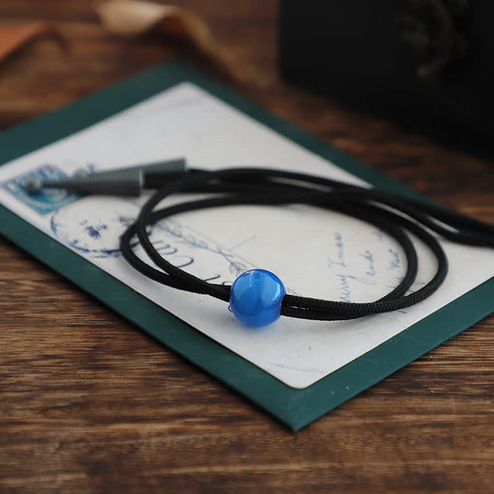 Handmade Simple Blue Round Agate Pendant Bolo Tie