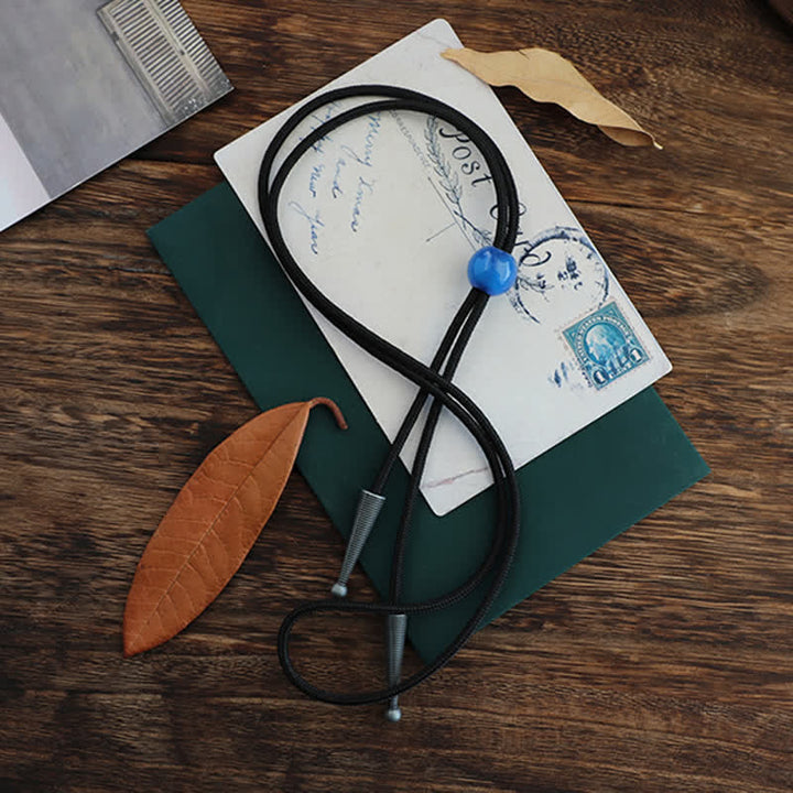 Handmade Simple Blue Round Agate Pendant Bolo Tie