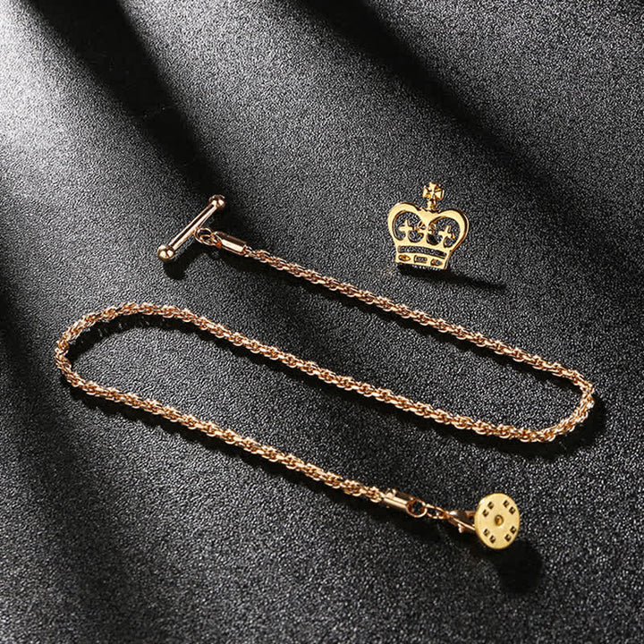 Men's Shirt Tuxedo Stud Lapel Chain Suit Brooch with Hanging Chain - Crown - Gold - image 5