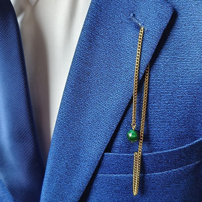Men's 18K Gold-Plated Natural Stone Lapel Chain Suit Brooch with Hanging Chain - image 2