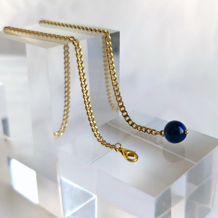 Men's 18K Gold-Plated Natural Stone Lapel Chain Suit Brooch with Hanging Chain - Blue Tiger's Eye Stone - Gold - image 14