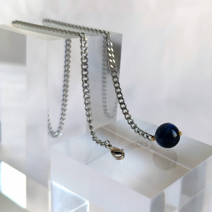 Men's 18K Gold-Plated Natural Stone Lapel Chain Suit Brooch with Hanging Chain - Blue Tiger's Eye Stone - Silver - image 17